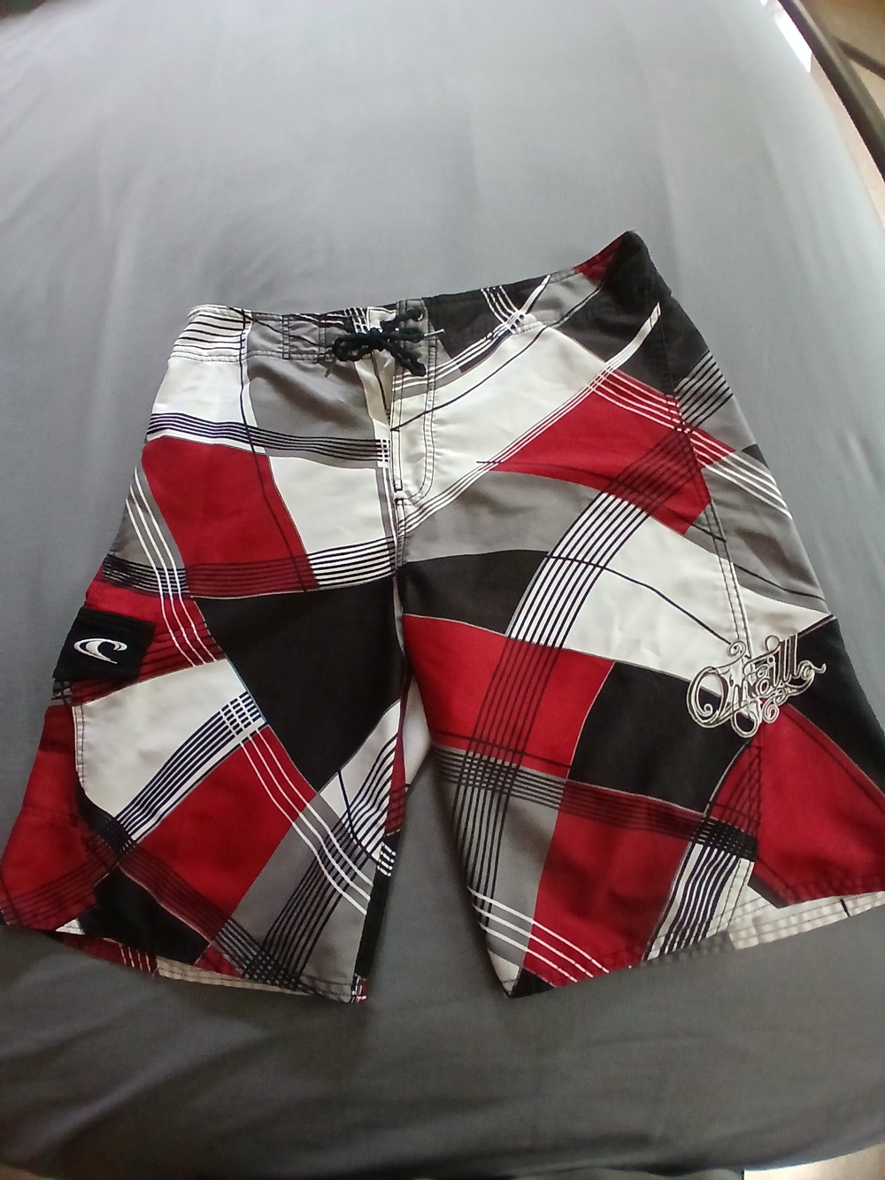 O'Neill Red Black Gray Plaid Board Shorts